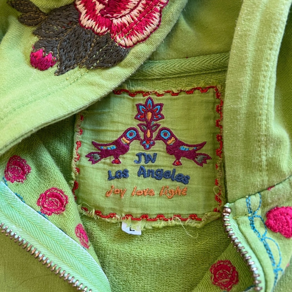 Johnny Was Green short sleeved Jacket/Hoodie with Pink Floral Embroidery
